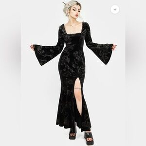 NWT Disturbia Zodiac Foil Print Velour Flute Sleeve Black Maxi Gown US 10/ UK 14